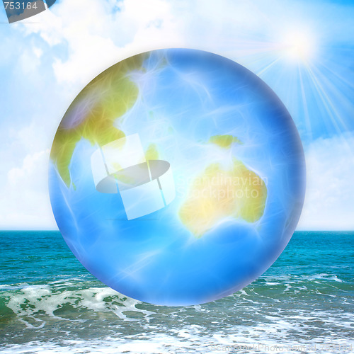 Image of abstract scene with planet and sea beach