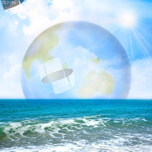 Image of abstract scene with planet and sea beach