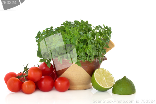 Image of Basil Herb, Tomatoes and Lime Halves