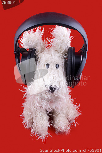 Image of cute white toy dog in headphones