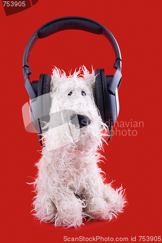 Image of cute white toy dog in headphones