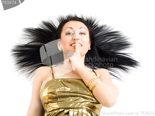 Image of Woman wit long black hair showing sign shh with finger