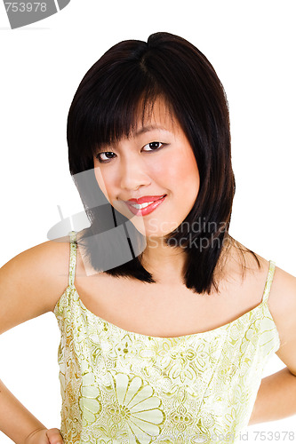 Image of Cute asian women in gold evening dress