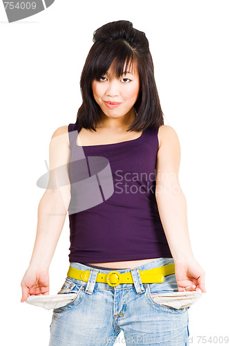 Image of Asian woman with empty pockets