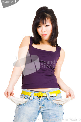 Image of Asian woman with empty pockets