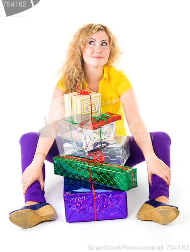 Image of Woman with pile of presents