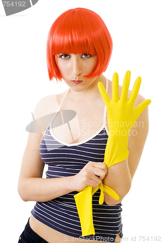 Image of woman in red wig and yellow gloves