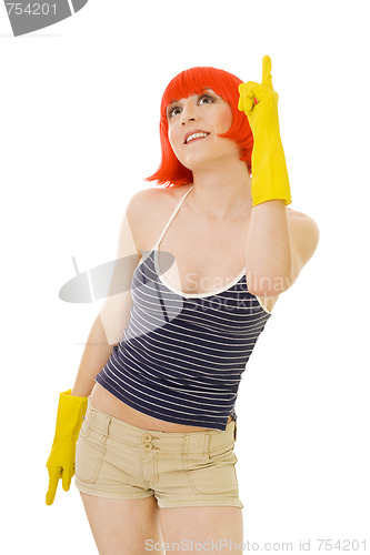 Image of woman in red wig and yellow gloves pointig with winger