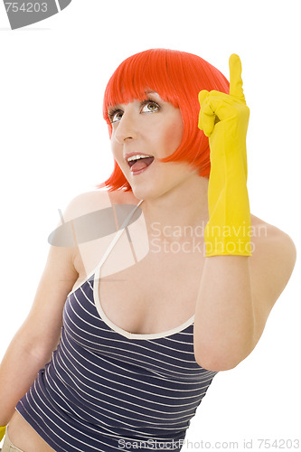 Image of woman in red wig and yellow gloves