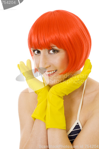 Image of woman in red wig and yellow gloves