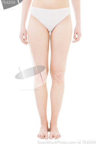 Image of Legs of woman standing in uderwear front view isolated on white