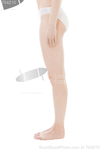 Image of Legs of woman standing in uderwear profile view isolated on white