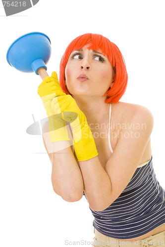 Image of lovely young woman with cleaning toold