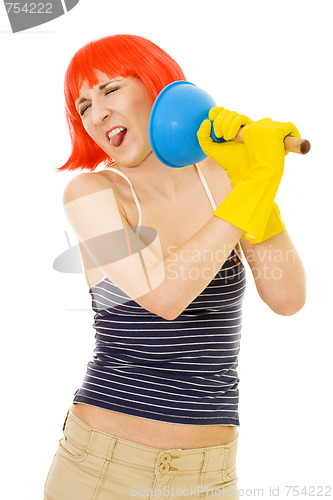 Image of Woman with disgusted cleaning tool