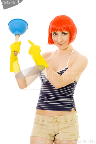 Image of Woman pointing at plunger