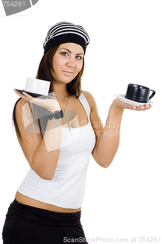 Image of woman with black and white cups