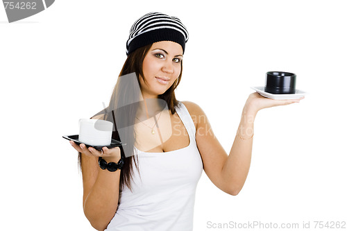 Image of woman with black and white cups