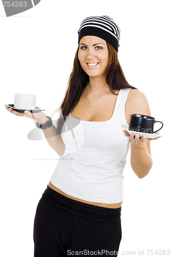 Image of woman with black and white cups