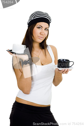 Image of woman with black and white cups