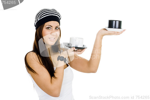 Image of woman with black and white cups
