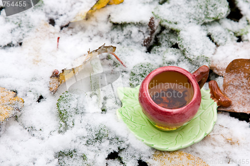 Image of A cup of tea on a background of snow-covered leaves