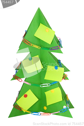 Image of isolated Cardboard Christmas tree, decorated with stationery. 