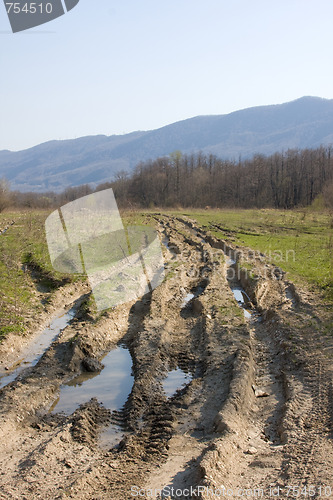 Image of Dirt forest road with big puddles