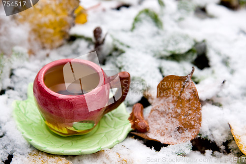 Image of A cup of tea on a background of snow-covered leaves