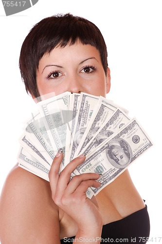 Image of Attractive woman takes lot of 100 dollar bills