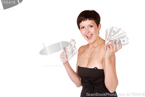 Image of Attractive woman takes lot of 100 dollar bills