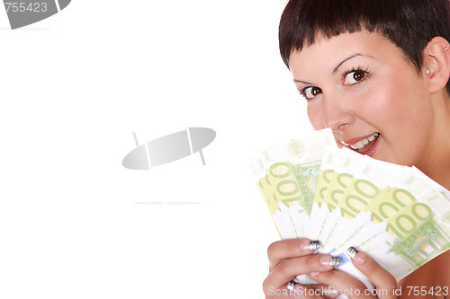 Image of Happy woman with group of euro bills Isolated.
