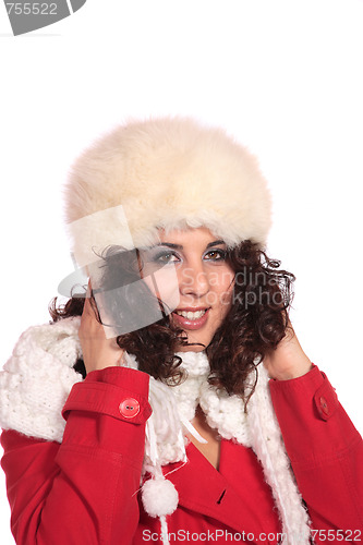 Image of young woman wearing christmas hat