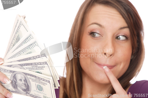 Image of Attractive woman takes lot of 100 dollar bills