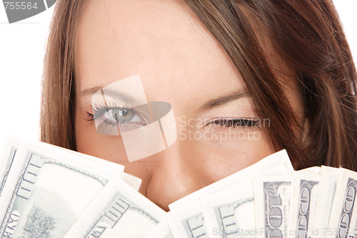 Image of Attractive woman takes lot of 100 dollar bills