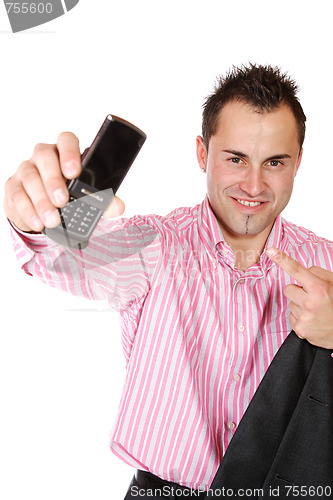 Image of Happy businessman holding laptop computer