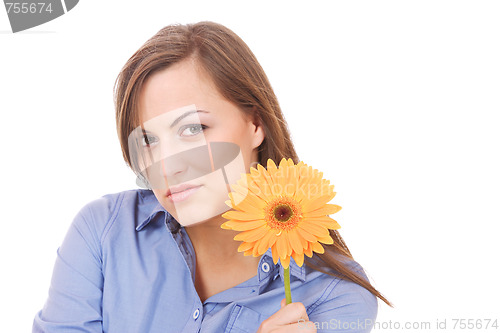 Image of Beautiful woman with flower isolated on white