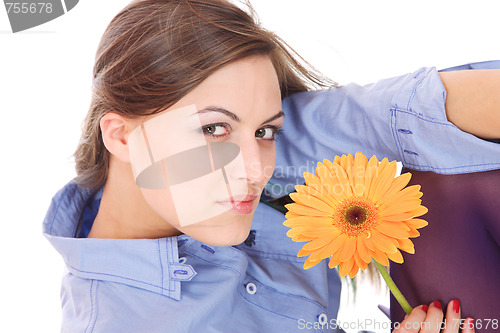 Image of Beautiful woman with flower isolated on white