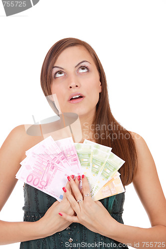 Image of Happy woman with group of euro bills Isolated.