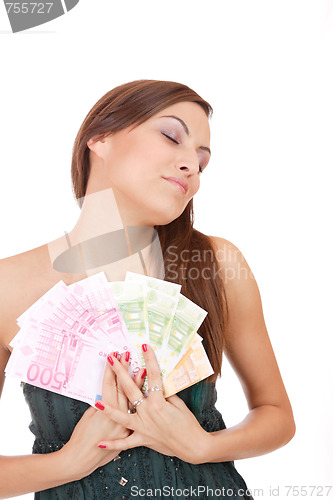 Image of Happy woman with group of euro bills Isolated.