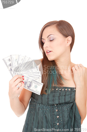 Image of Attractive woman takes lot of 100 dollar bills