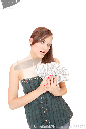 Image of Attractive woman takes lot of 100 dollar bills