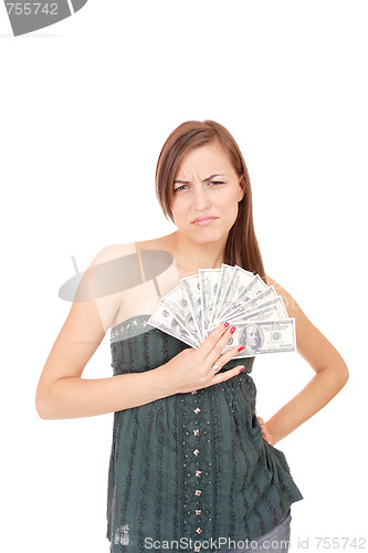 Image of Attractive woman takes lot of 100 dollar bills