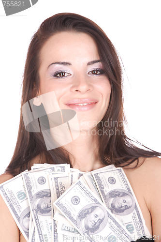 Image of Attractive woman takes lot of 100 dollar bills