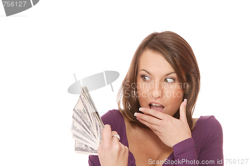 Image of Attractive woman takes lot of 100 dollar bills