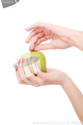 Image of Fresh green apple in hand 