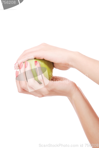 Image of Fresh green apple in hand 