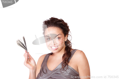 Image of Attractive woman takes lot of 100 dollar bills