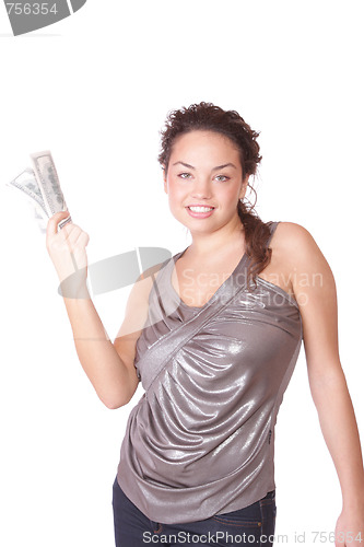 Image of Attractive woman takes lot of 100 dollar bills