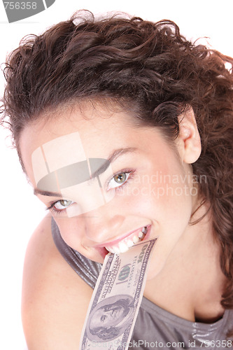 Image of Attractive woman takes lot of 100 dollar bills