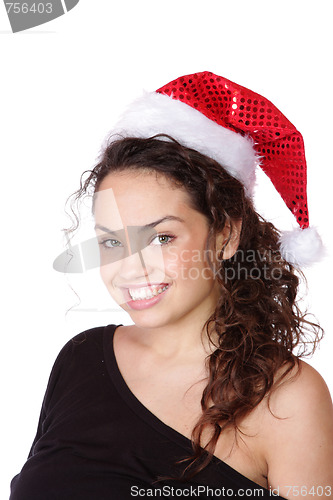 Image of young woman wearing christmas hat